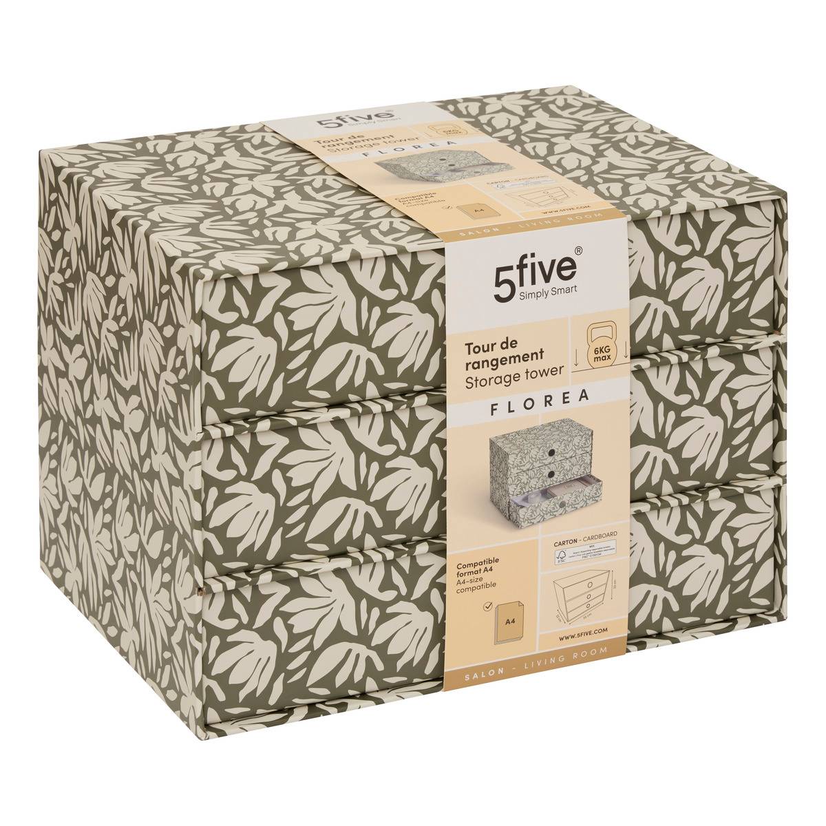 Tour rangement 3 tiroirs motif fleuri FLOREA vert laurier, 5FIVE SIMPLY SMART