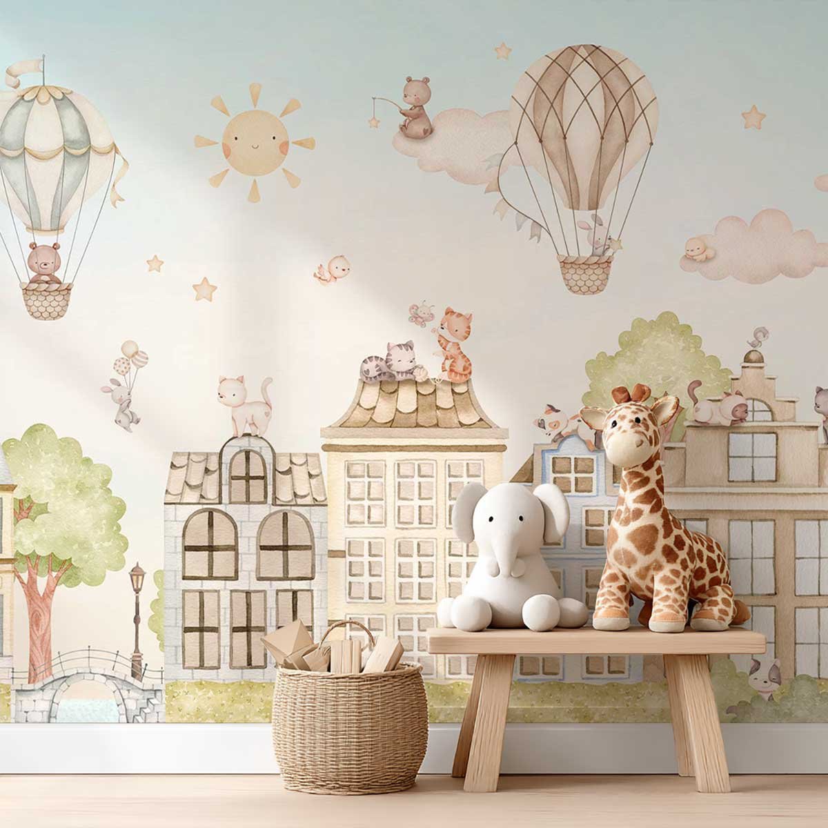 Papier peint chat chambre enfant - Chats sur les Toits bleu, HEXOA