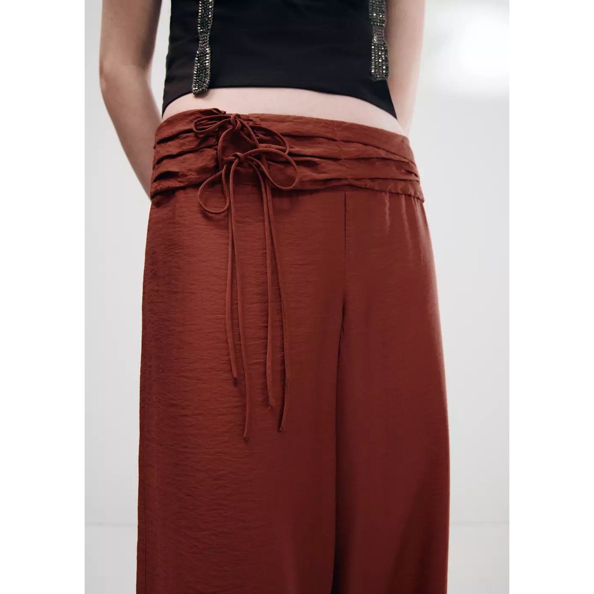 Pantalon droit détail nœuds orange brûlé, MANGO TEEN
