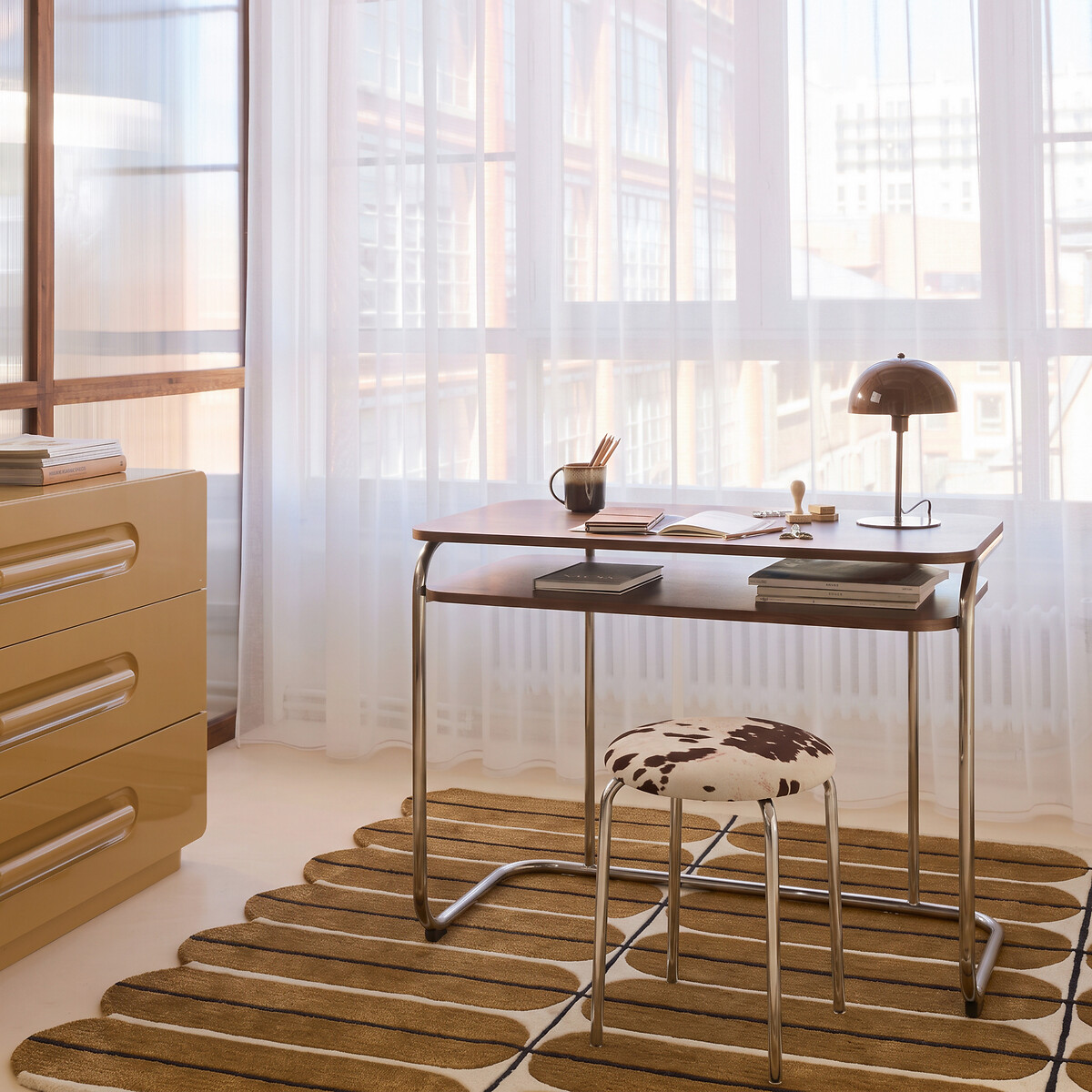 Tabouret, en chrome et tissu velours imprimé vache, AVINO imprimé vache, LA REDOUTE INTERIEURS