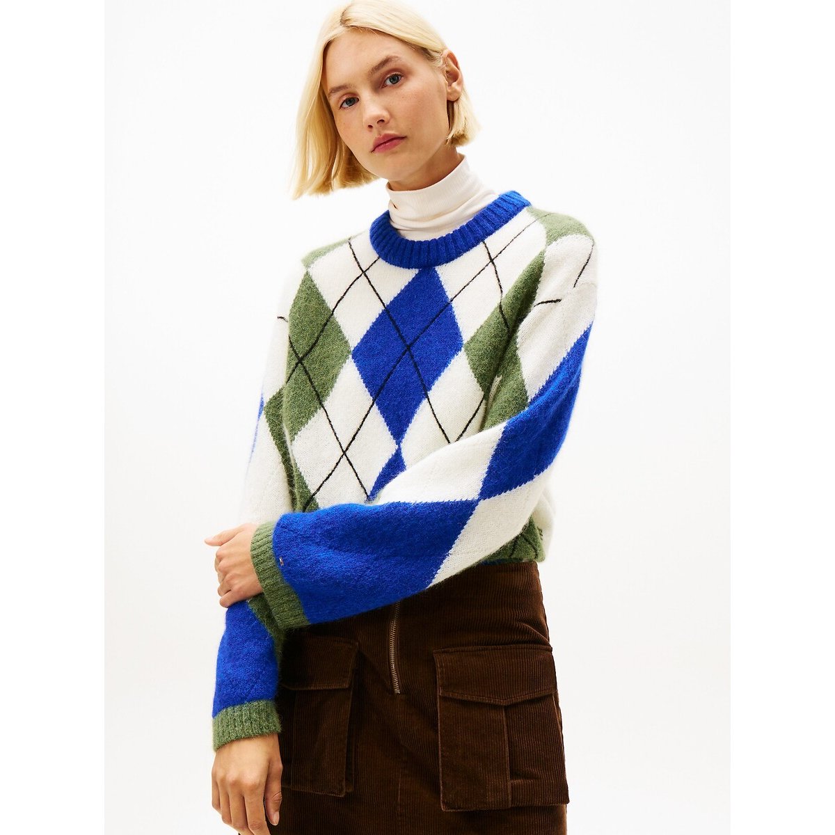 Pull col rond à motif losanges  carreaux bleu/vert, TOMMY HILFIGER