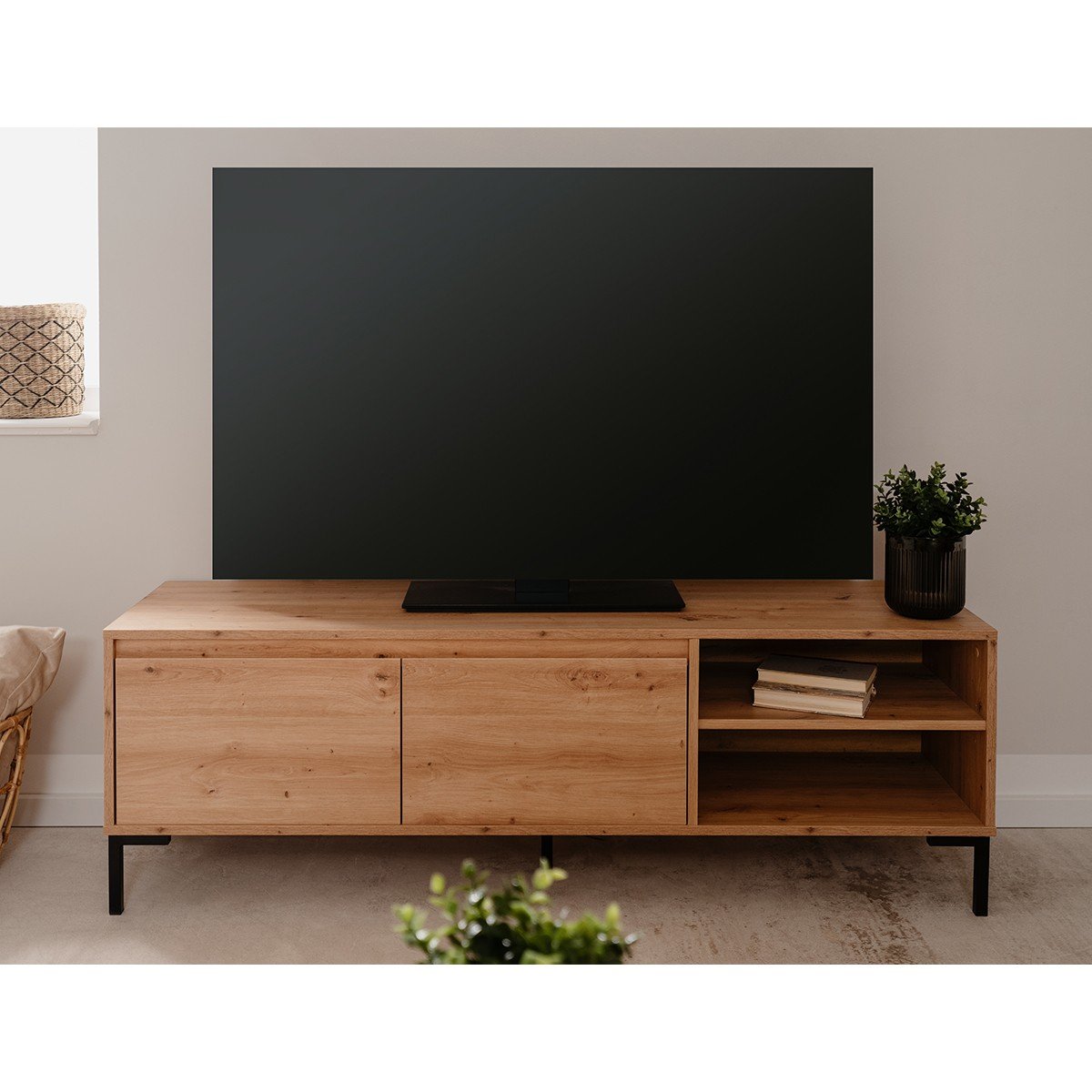 Meuble TV 2 Abattants 2 Niches L150 cm - PLOCK bois clair, CALICOSY