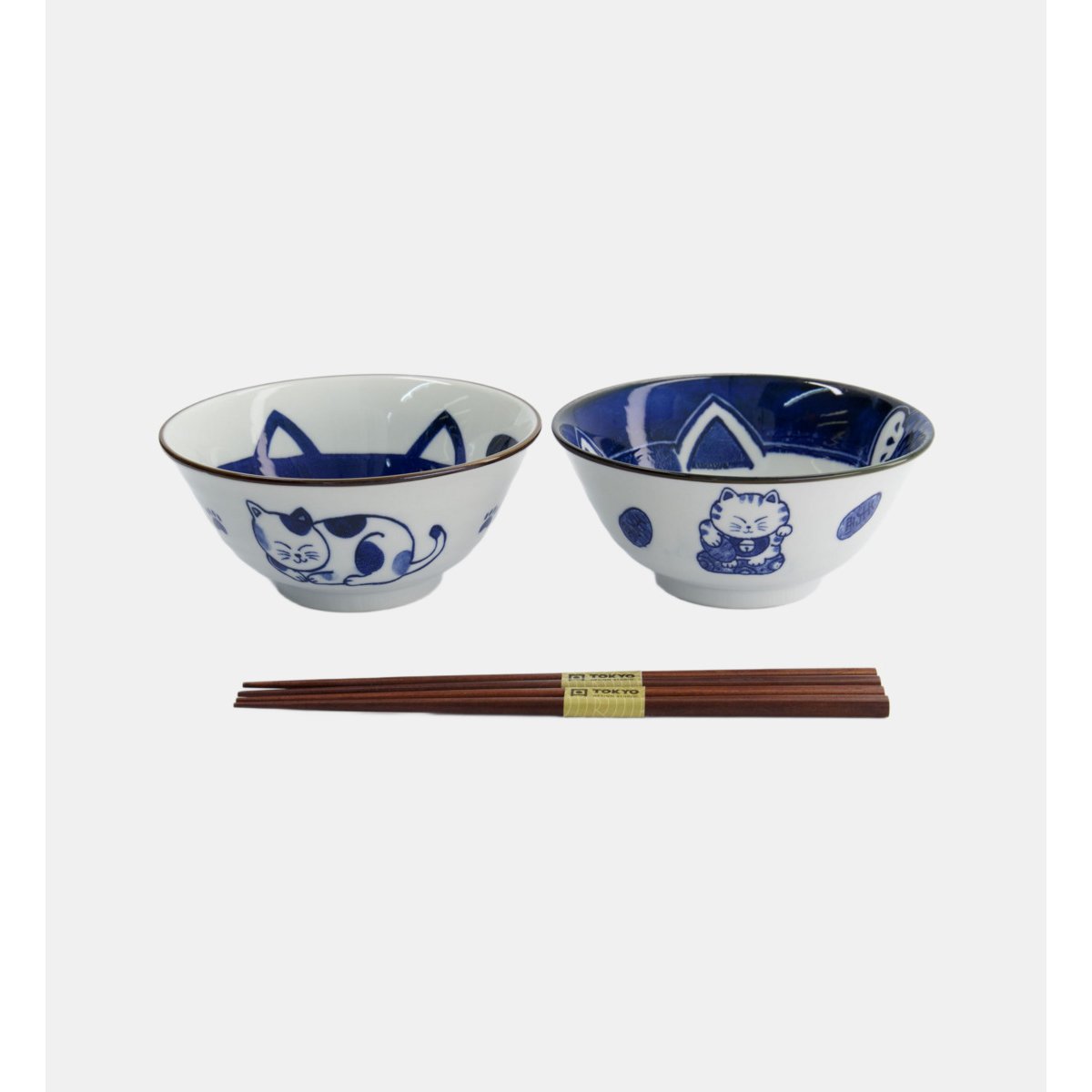 Coffret de 2 bols tayo et 2 paires de baguettes - chat bleu et blanc, TOKYO DESIGN STUDIO