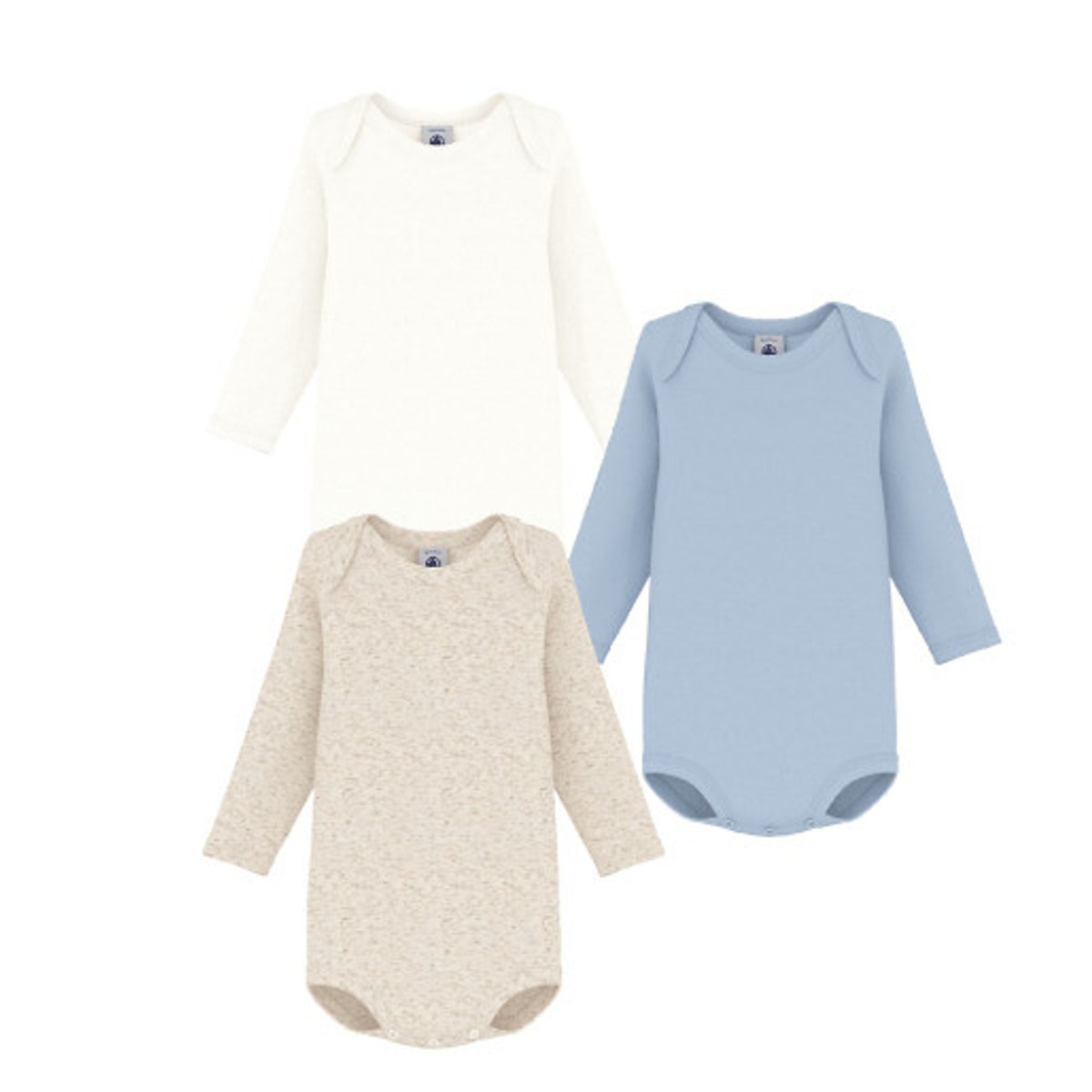 Lot de 3 bodies manches longues en coton blanc + beige + bleu, PETIT BATEAU