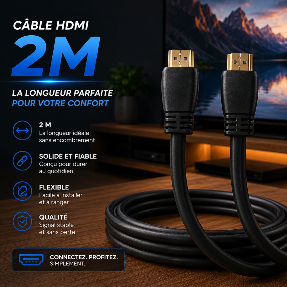 Câble HDMI 2.0/18Gbps plat 2M couleur unique, ESSENTIEL B