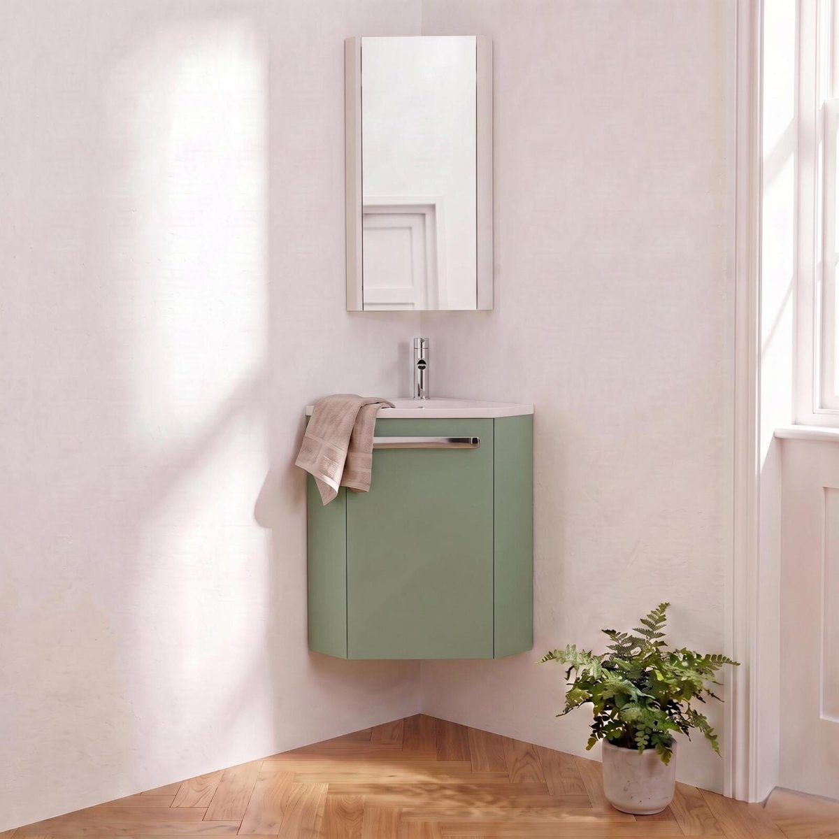 Ensemble lave-mains angle suspendu avec robinet et armoire d'angle SKINO vert satiné, MOB IN