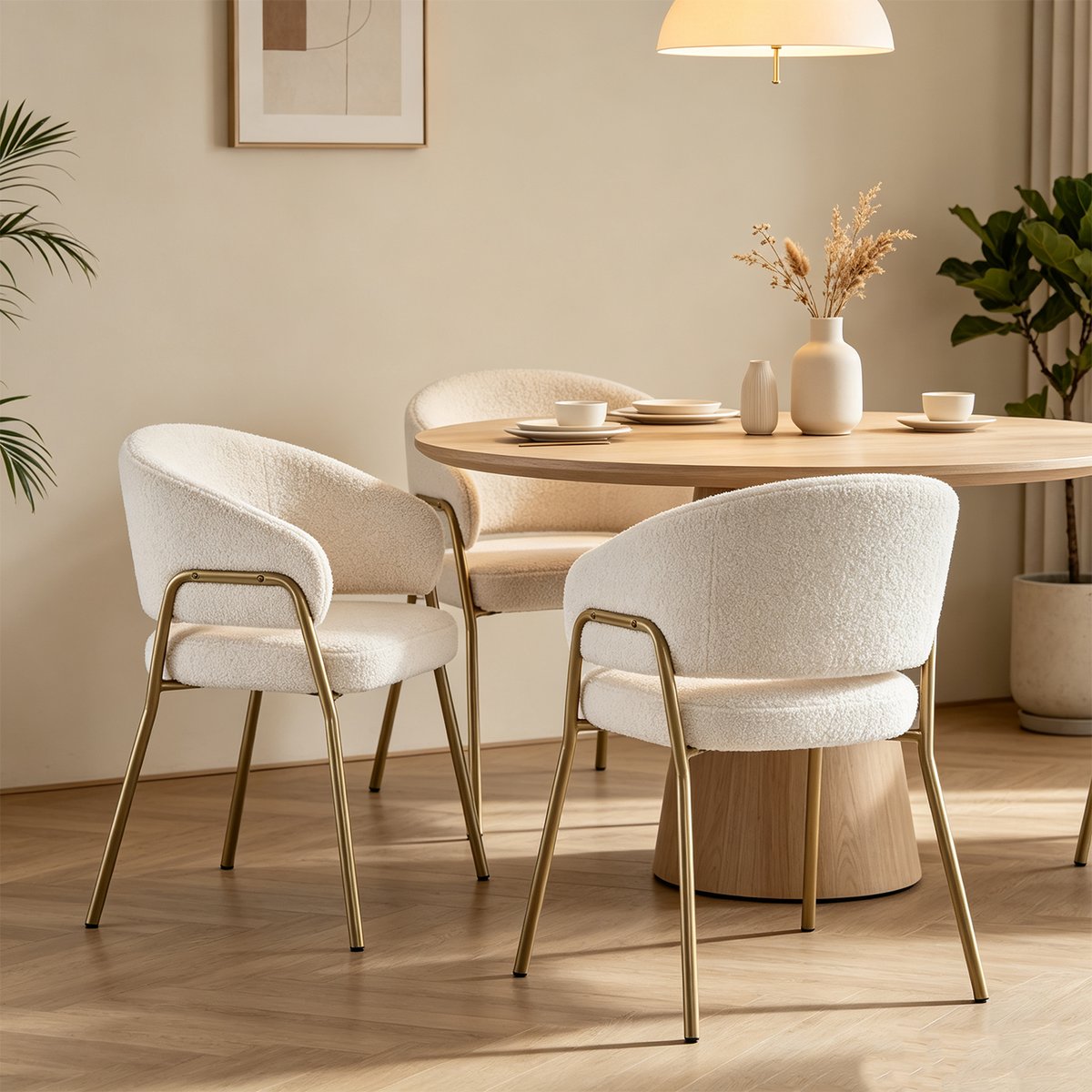 Lot de 4 fauteuils de salle à manger modernes en tissu bouclette, JERRIES blanc, MEUBLES COSY