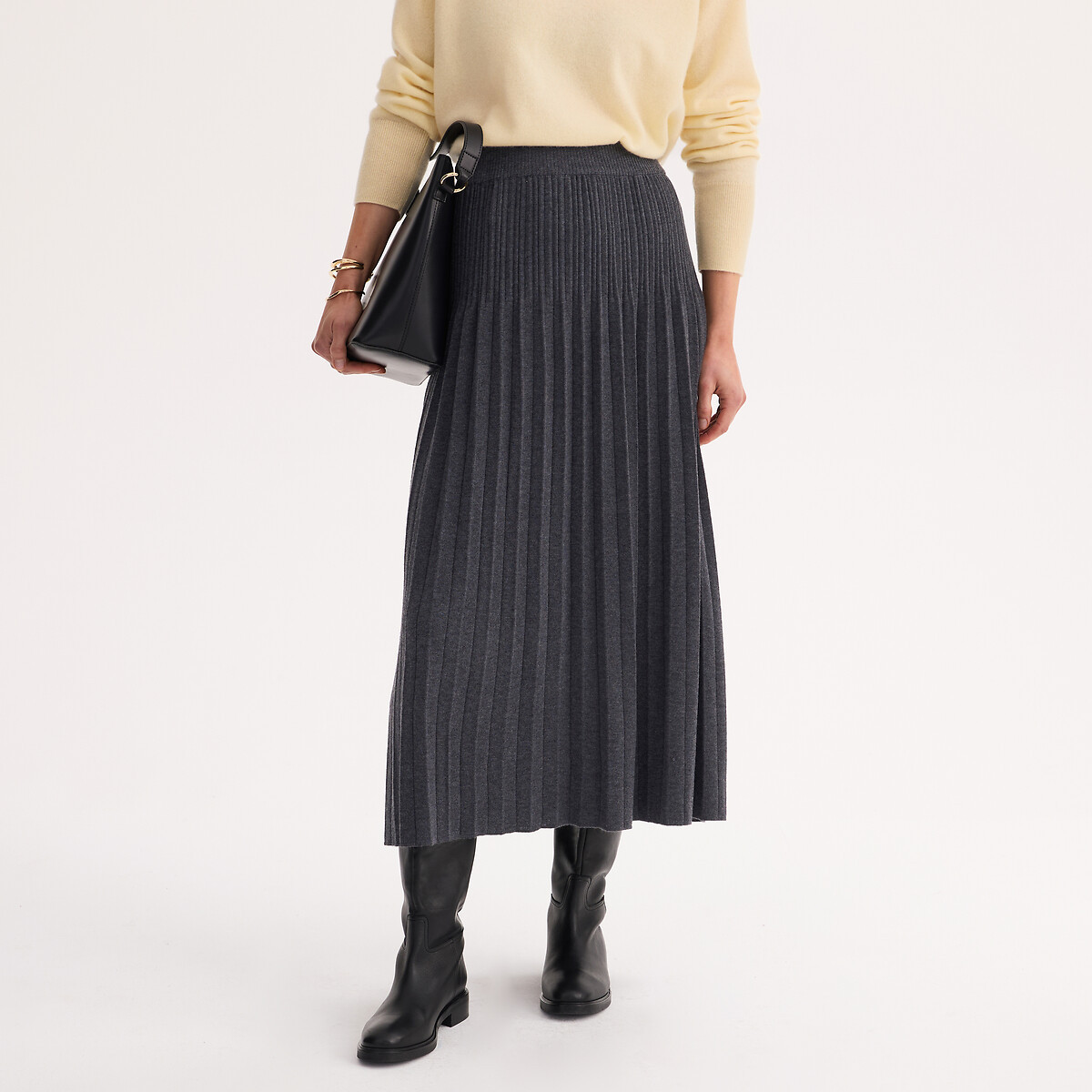 Jupe plissée en maille longueur midi gris anthracite, ANNE WEYBURN