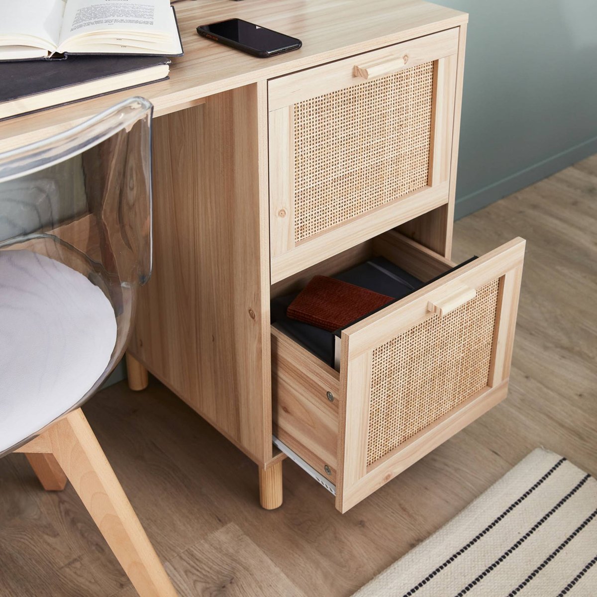 Bureau décor bois et cannage 2 tiroirs CAMARGUE naturel, SWEEEK