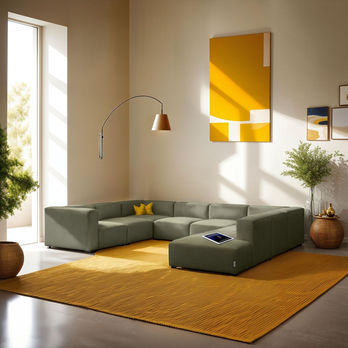 Canapé modulable panoramique 12 places ouvert à droite en velours côtelé - MODULO vert kaki, HOMIFAB