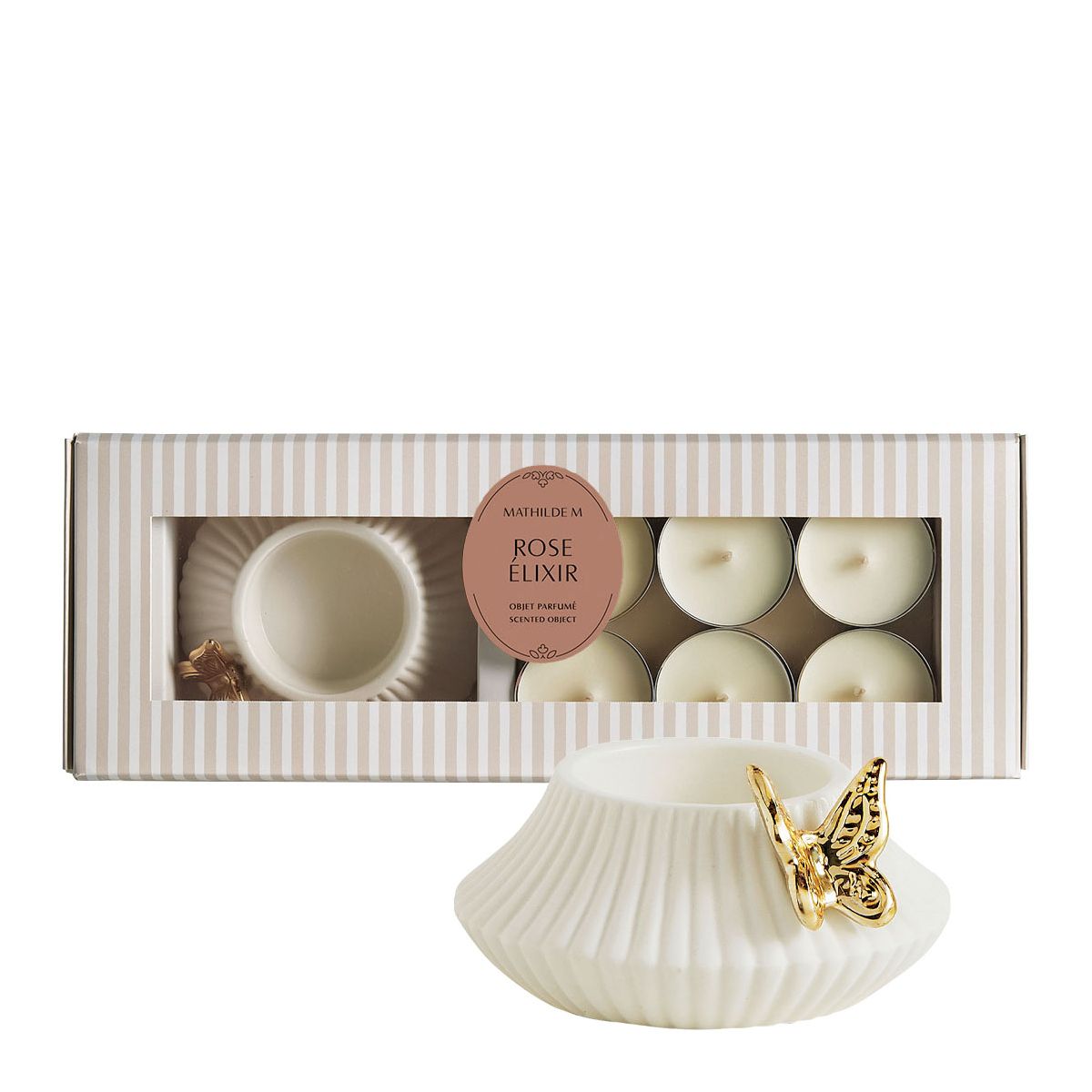 Coffret bougeoir Papillon et 6 bougies parfumées - Rose Élixir blanc, MATHILDE M