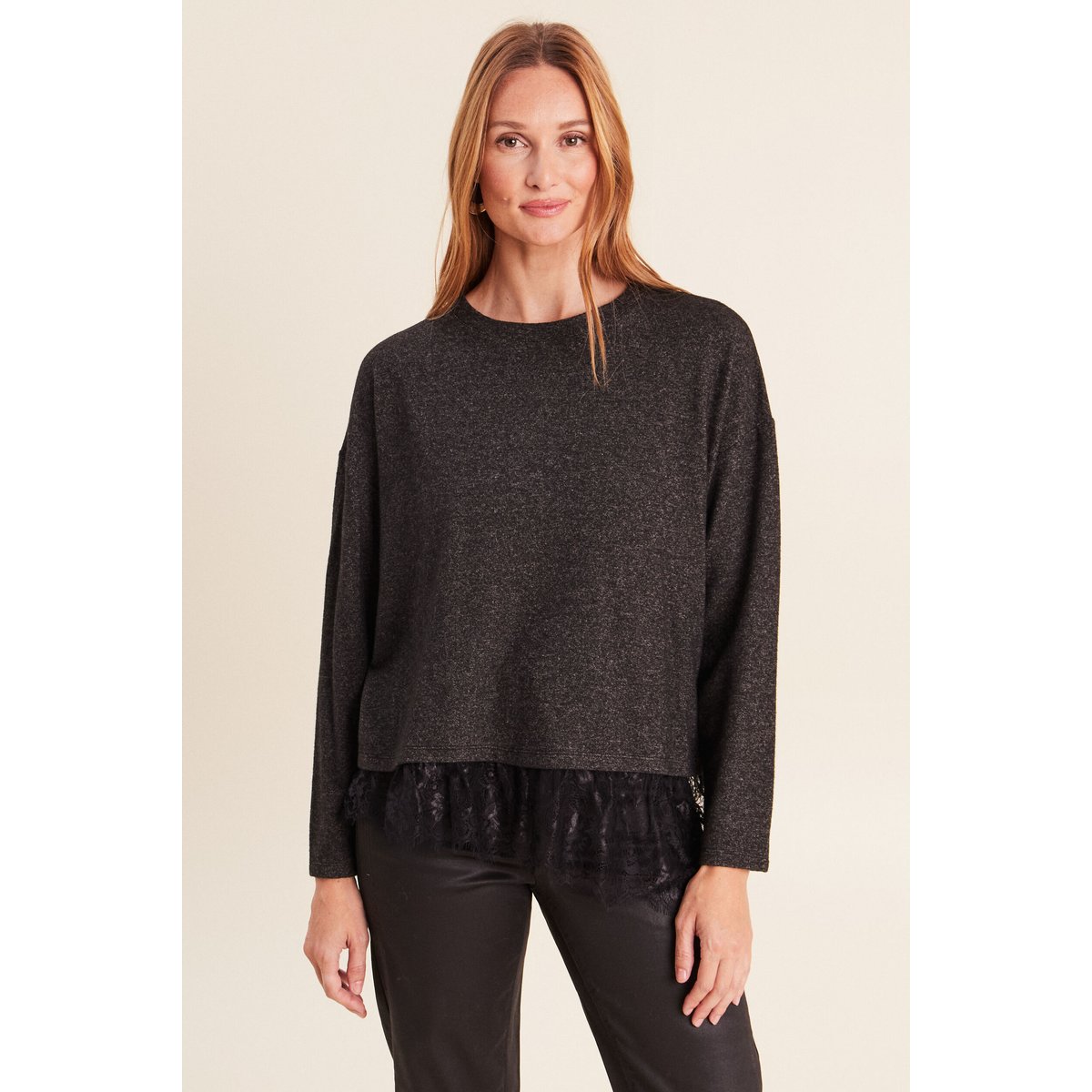 Pull col rond manches longues dentelle gris foncé, BREAL