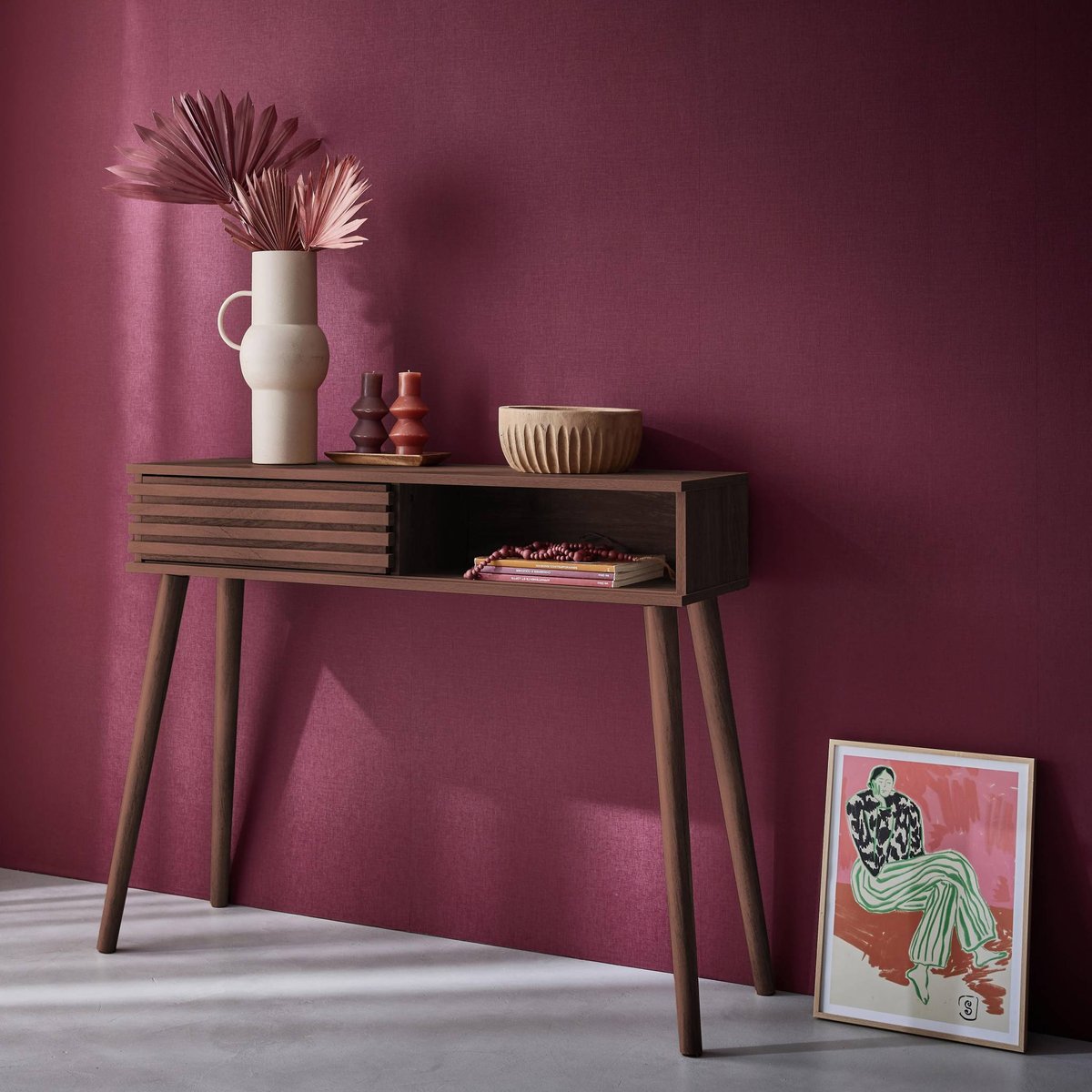 Console scandinave décor bois avec porte coulissante rainurée MADERE naturel, SWEEEK