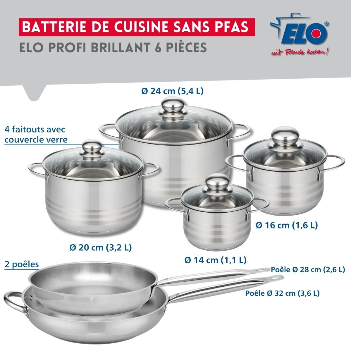 2 poêles 28/32cm + 4 faitouts 14/16/20/24cm PROFI BRILLANT inox, ELO