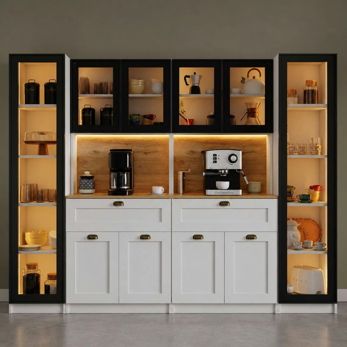 Grand vaisselier de cuisine à LED 10 portes décor blanc et noir AURA blanc, PIER IMPORT