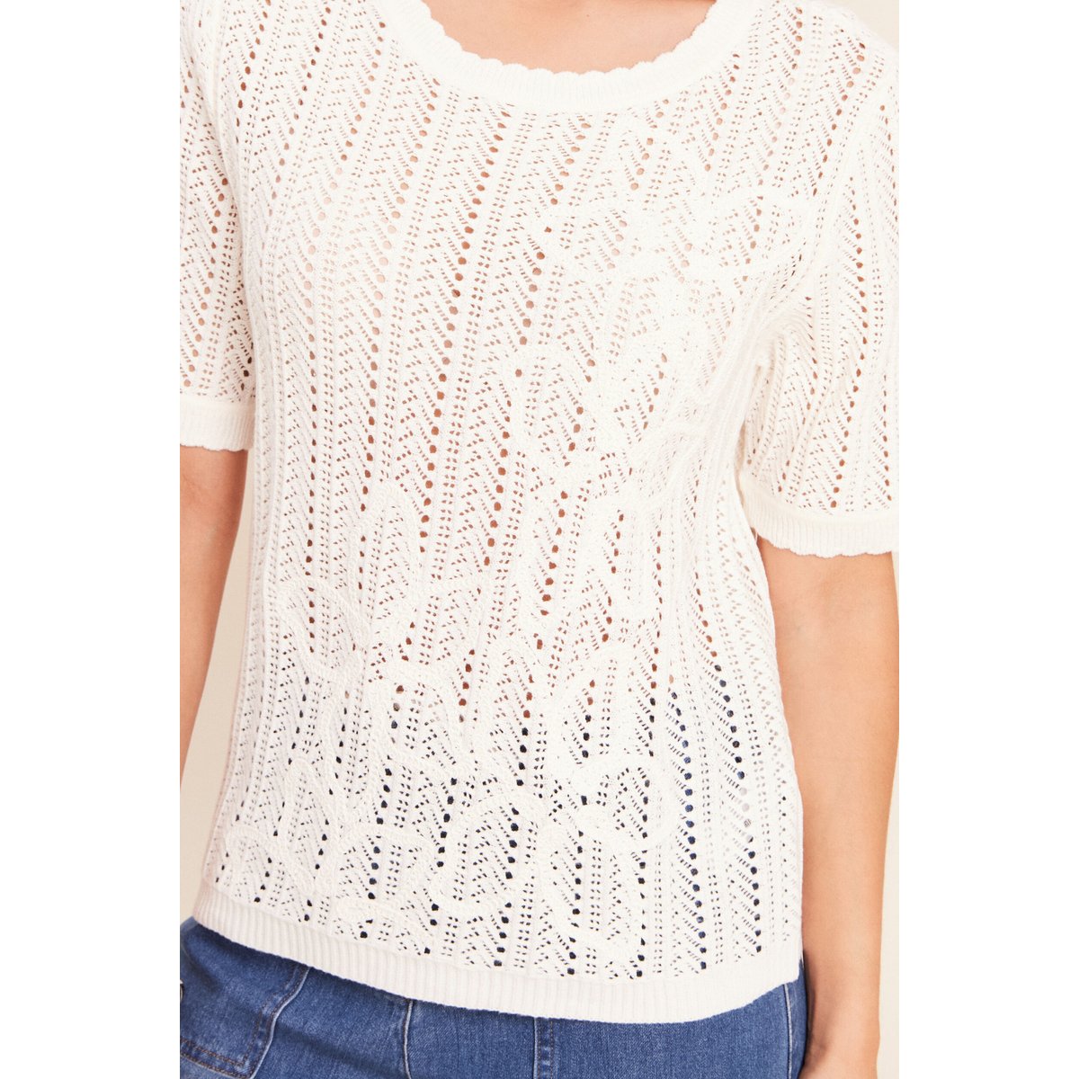 Pull ajouré col rond ecru, BREAL