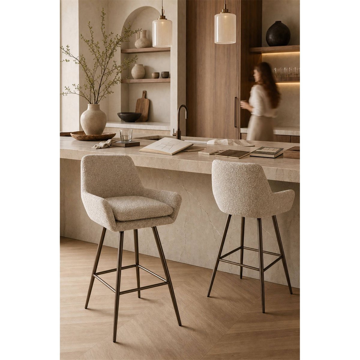 Tabouret de bar pivotant rembourré (lot de 2) naturel et bronze, RECOLLECTION