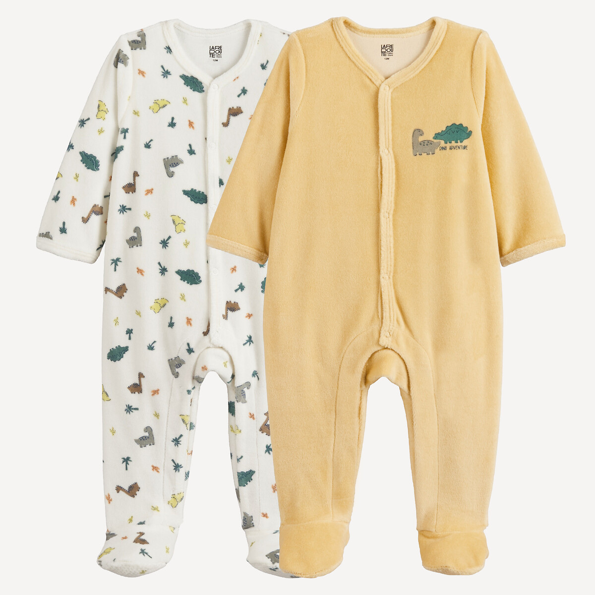Pack of 2 Dinosaur Print Velour Front-Fastening Sleepsuits assorted, LA REDOUTE COLLECTIONS