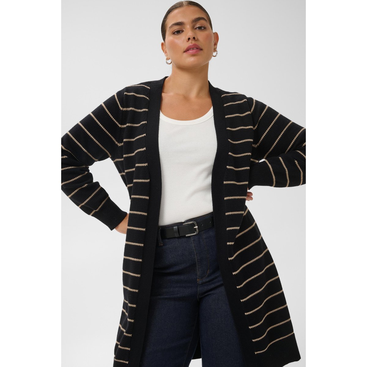 Cardigan à tricot noir beige black/desert taupe m. stripe, KAFFE CURVE