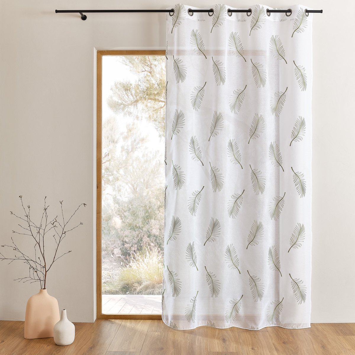 Voilage brodé à motifs feuilles - QABANE kaki, HOME MAISON