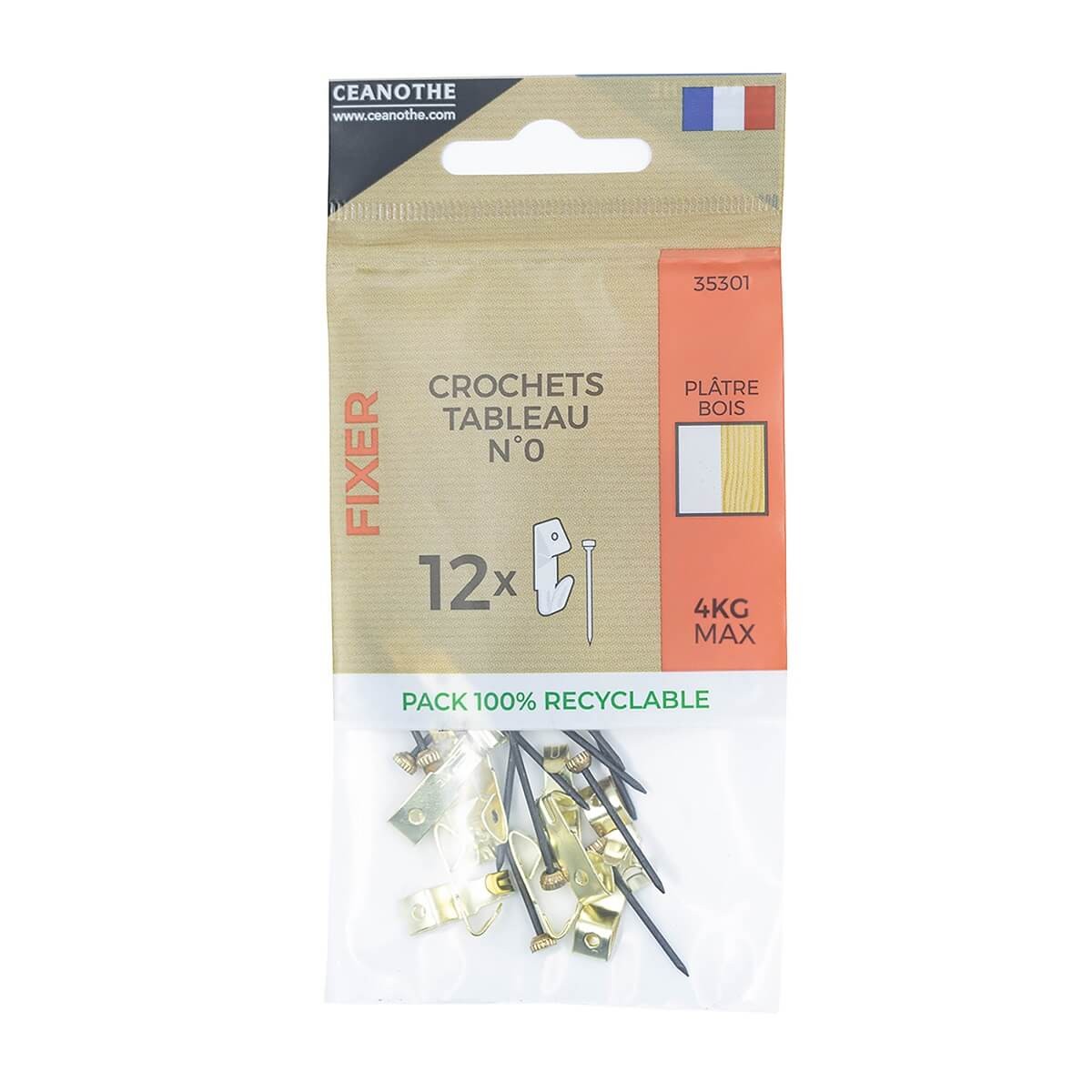 Sachet de 12 crochets laitonnés à tableau n°0 pour 4 Kg doré, CEANOTHE
