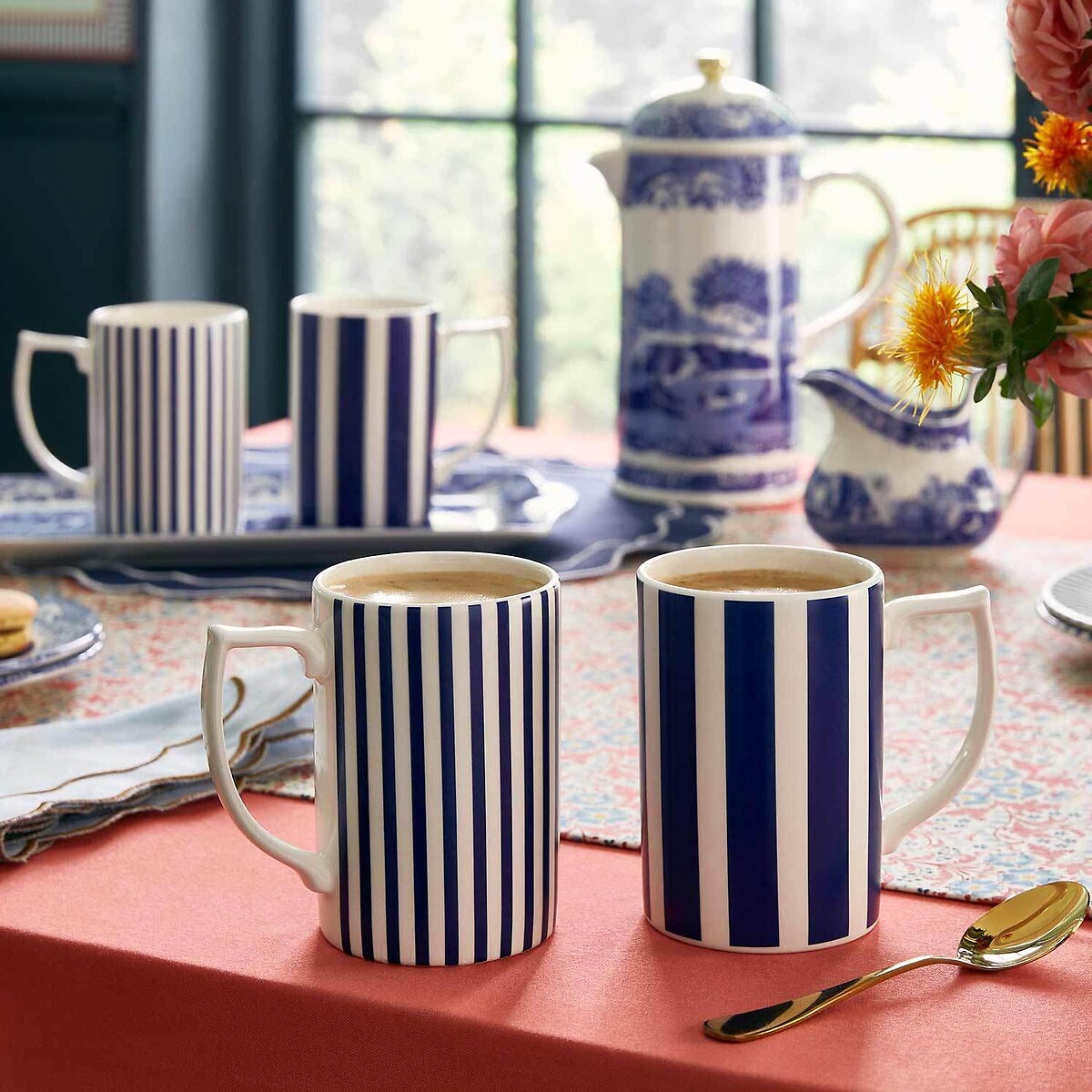 Set of 4 Steccato Narrow Stripe Mugs blue, SPODE