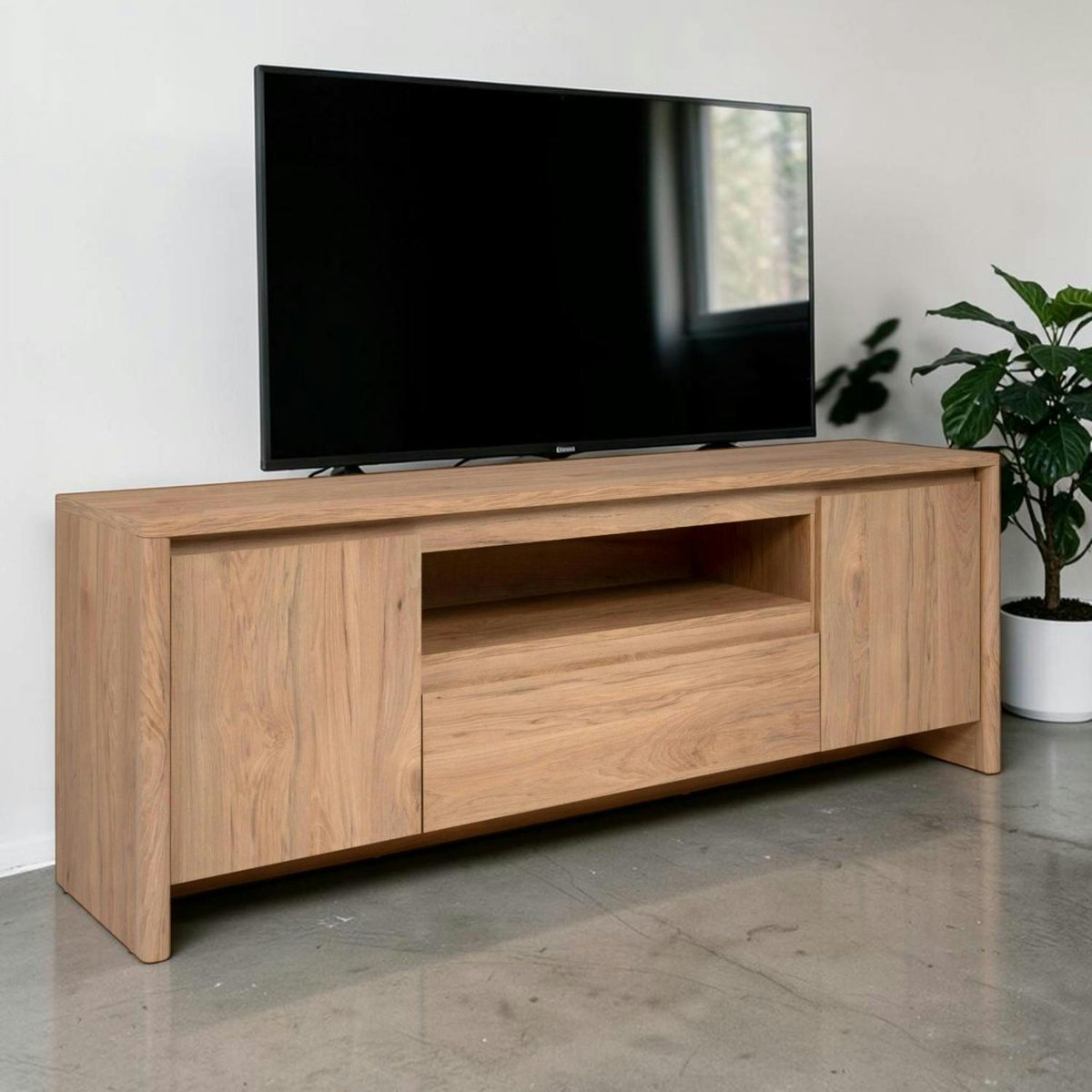 Meuble TV effet bois 2 portes 1 tiroir ALVA bois naturel, PIER IMPORT