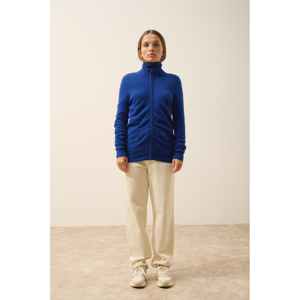 Gilet Zippé Col Montant Outremer Ayr bleu foncé, JUST CASHMERE