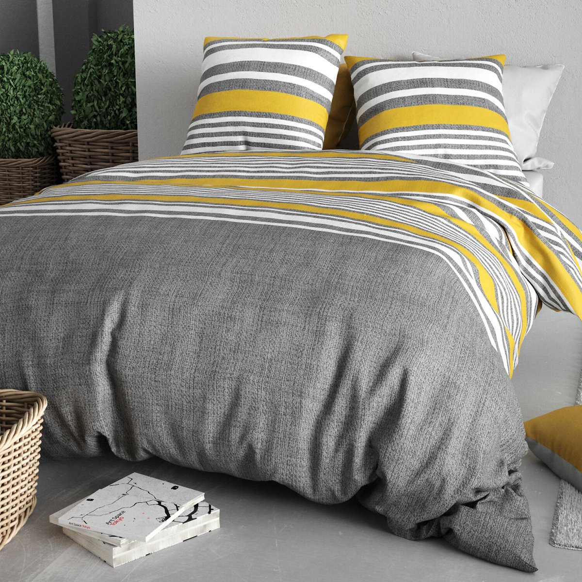 Paure coton imprimée couette et 2 taies, STUDT gris, ATELIER DU COTON