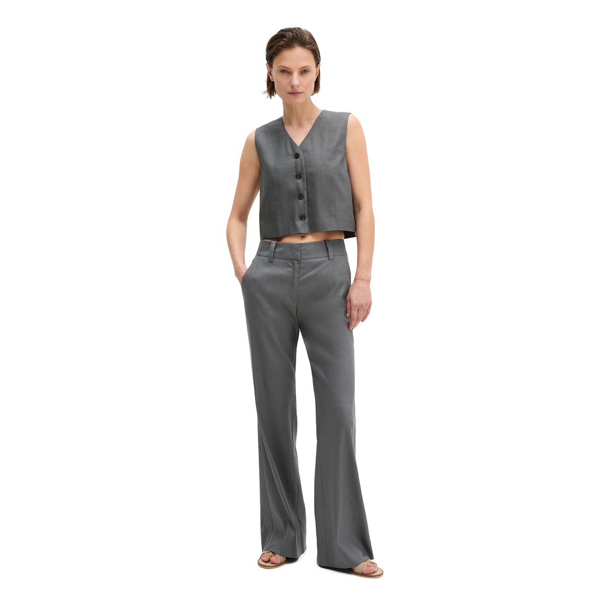 Gilet de costume cropped en viscose-lin stretch gris foncé, MARC O'POLO
