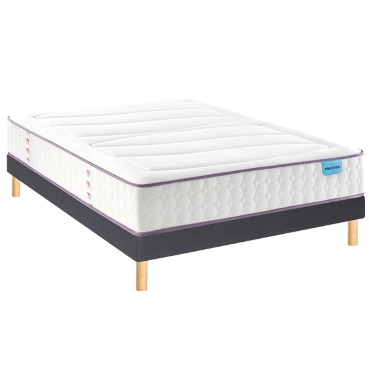 Ensemble matelas ressorts ensachés et mémoire de forme BEAUTY BED, sommier medium et pieds blanc, MERINOS