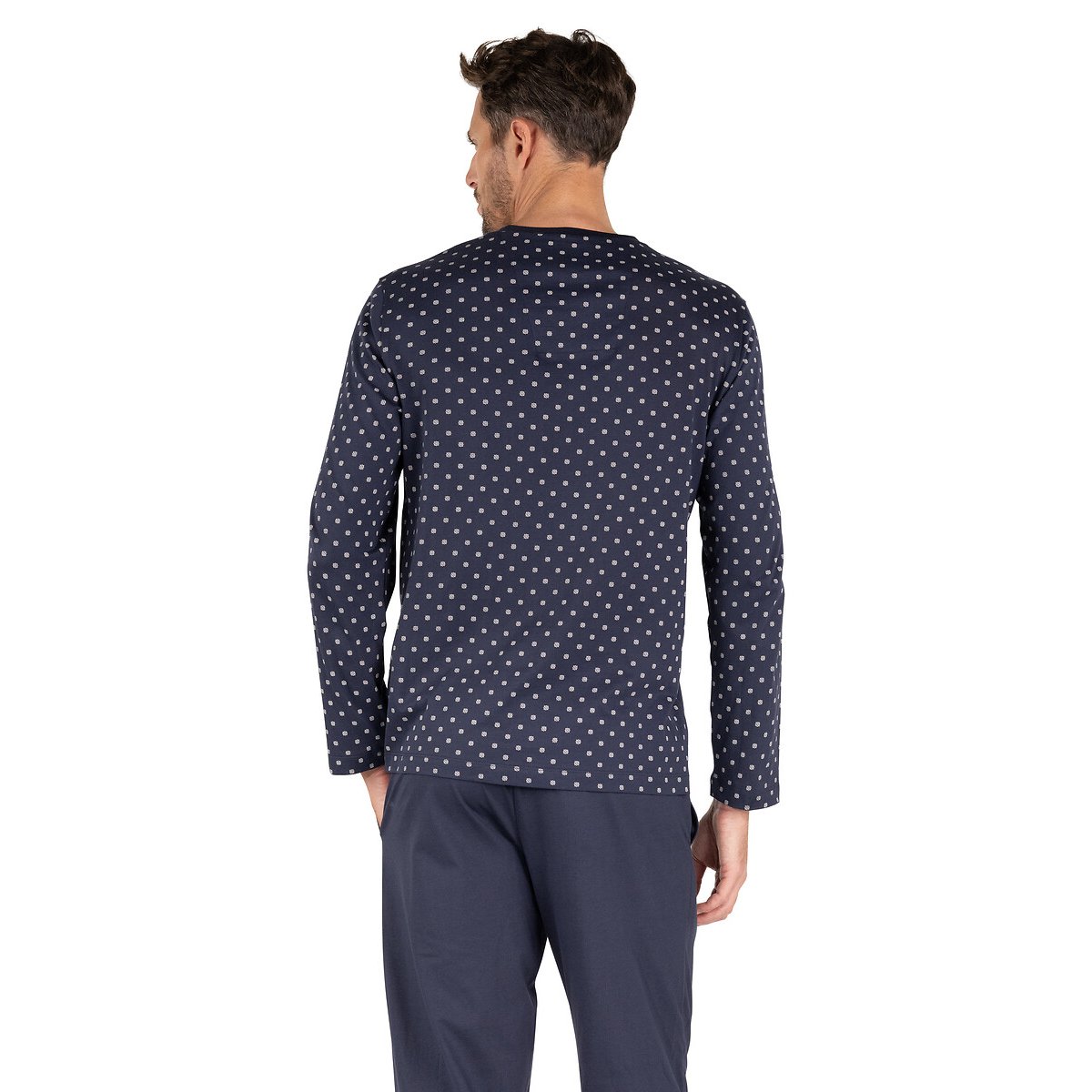Pyjama mercerisé col V bleu marine, EMINENCE