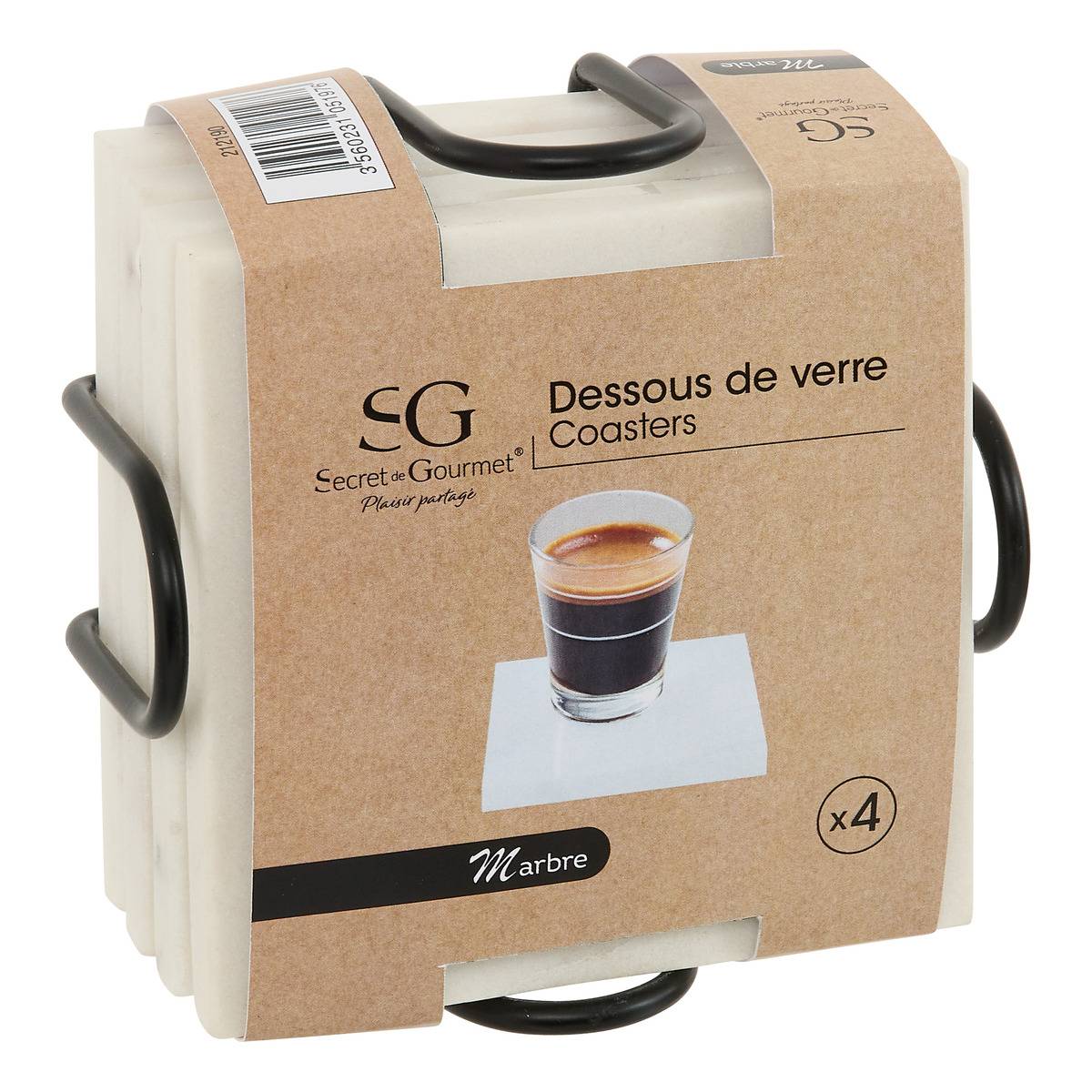 Lot de 4 dessous de verre MARBRE blanc, ATMOSPHERA