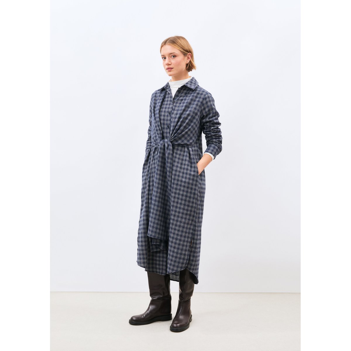 Robe chemise longue à carreaux manches longues marine, HUMILITY