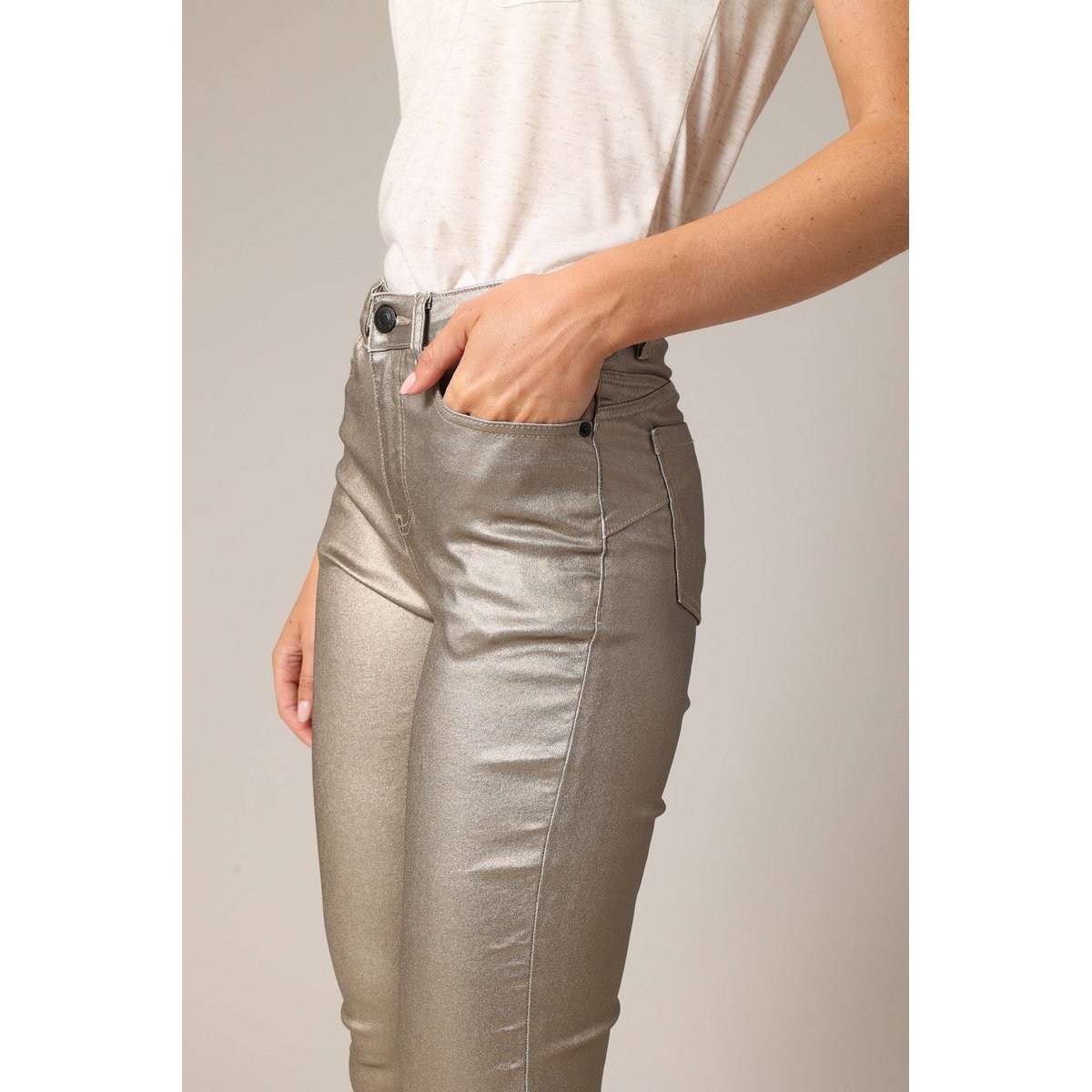 Pantalon slim taille haute, effet métallisé LYSIE doré clair, DEELUXE
