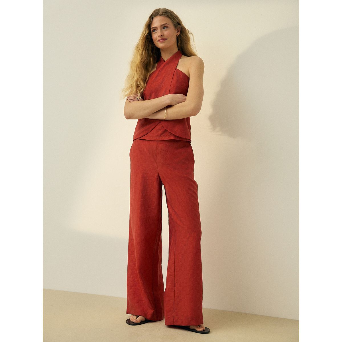 Pantalon à damier jacquard large rouge rouille, NEXT