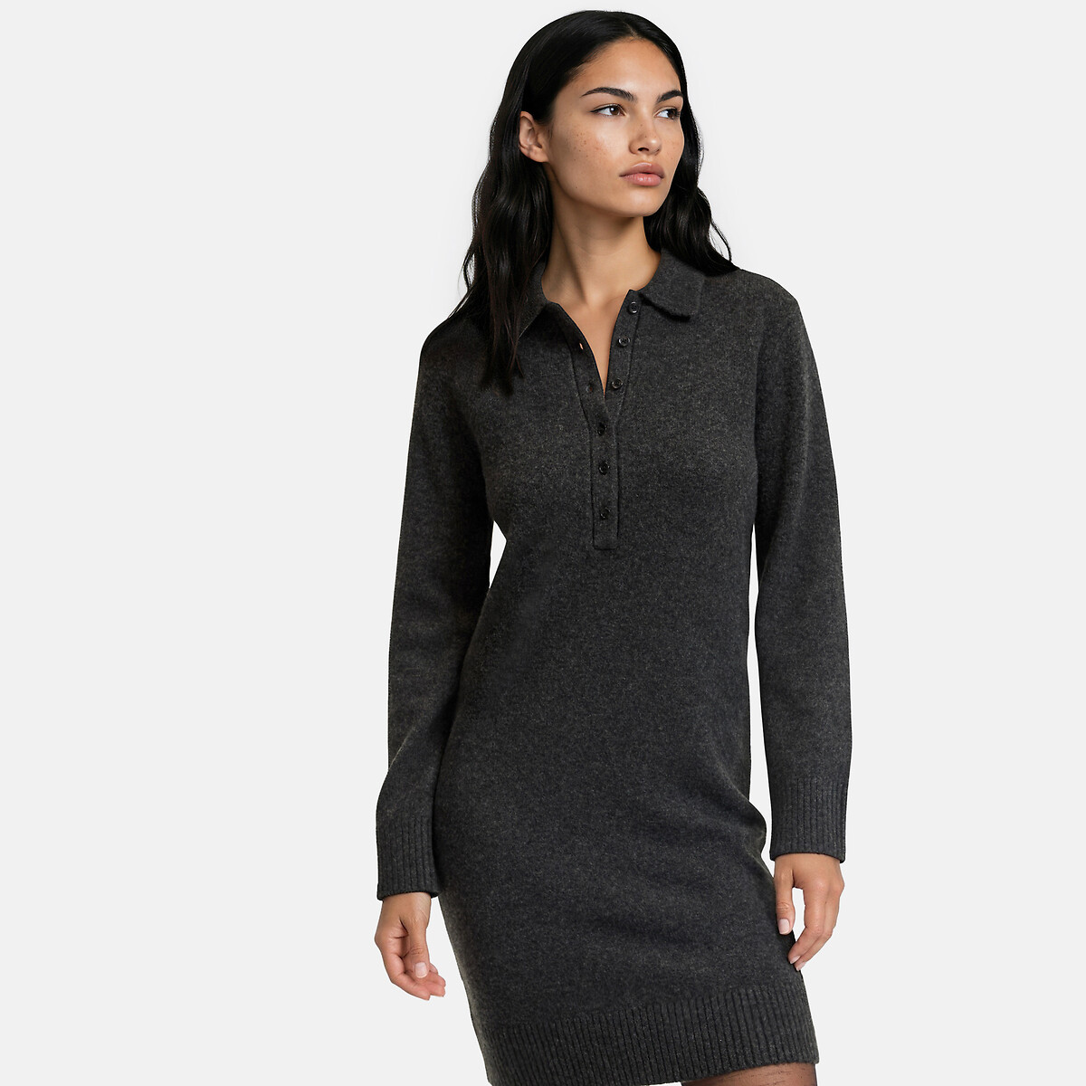 Robe en tricot courte, à col polo, manches longues gris chiné foncé, LA REDOUTE COLLECTIONS