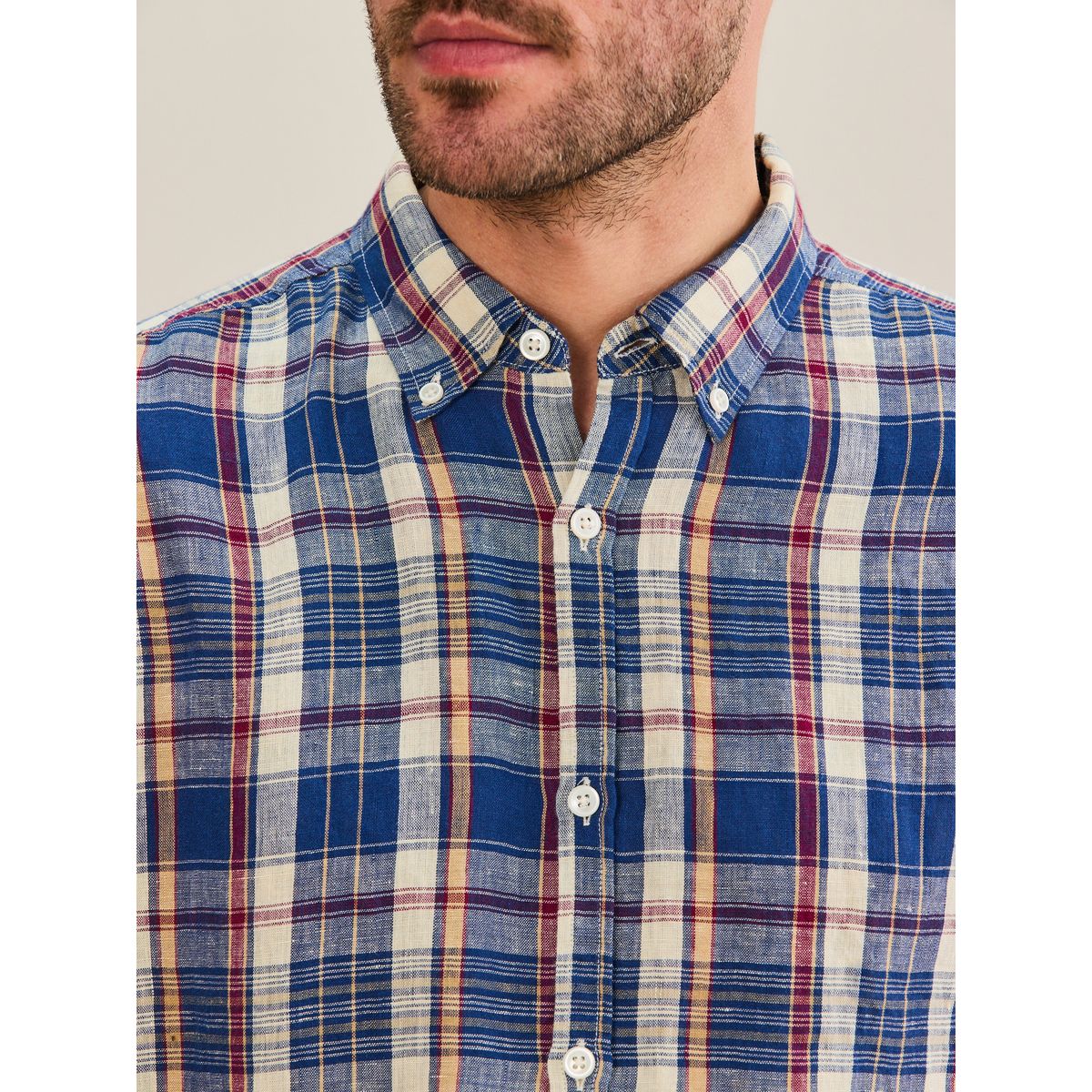 Chemise manches longues lin à carreaux rouge, NEXT