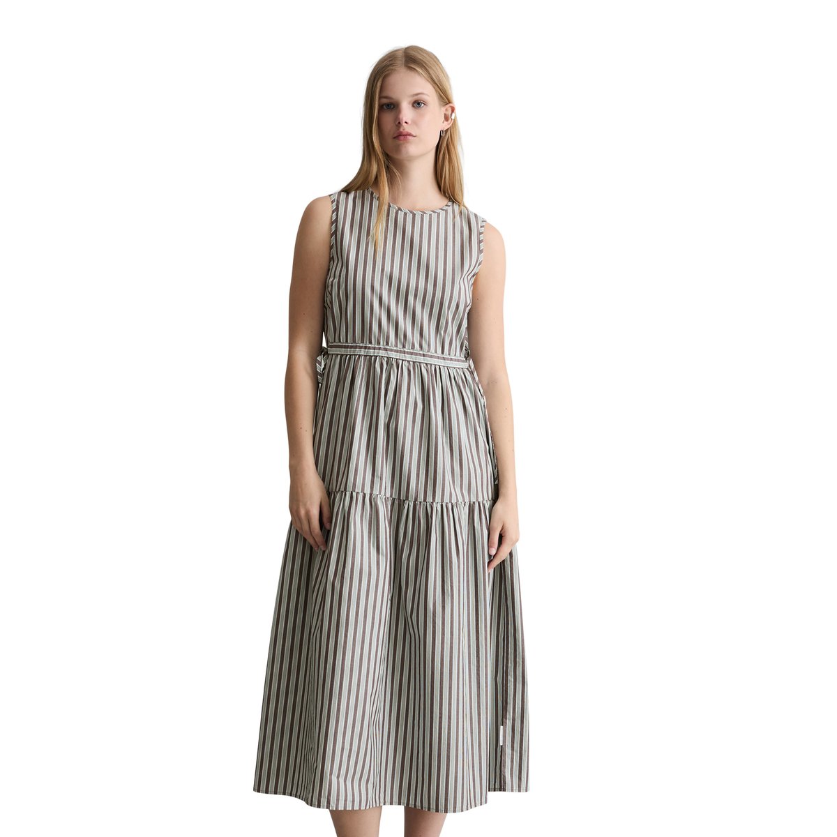 Robe à étages regular en popeline papertouch rayée marron foncé, MARC O’POLO DENIM