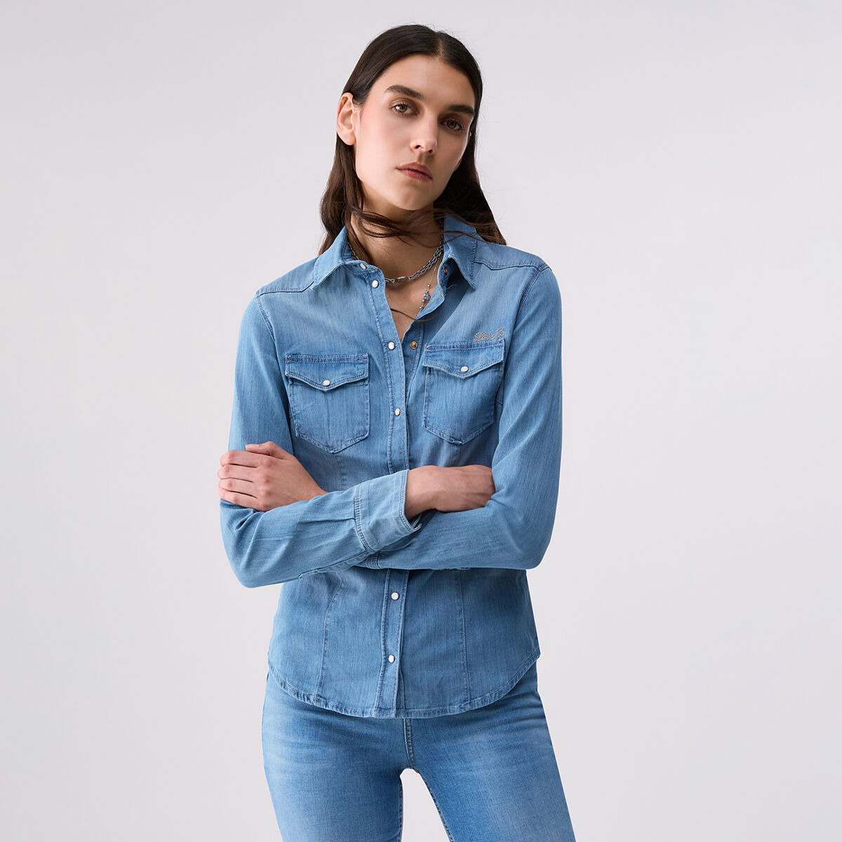 Chemise en toile denim avec broderie denim bleu, LIU JO