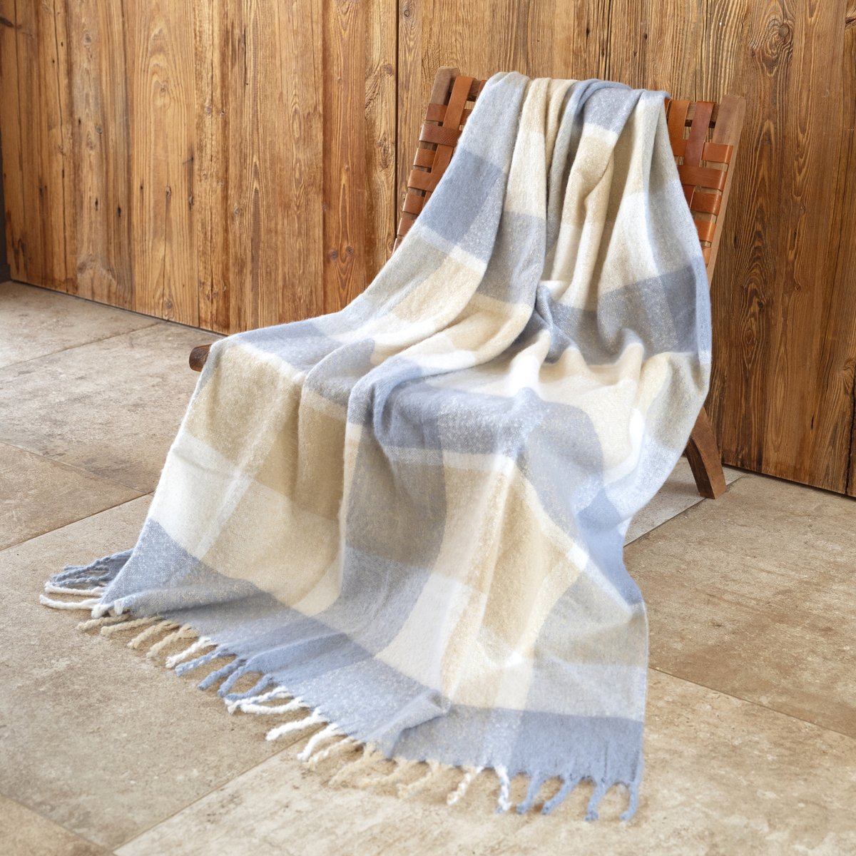 Plaid à carreaux aspect mohair avec franges - QABANE bleu, HOME MAISON