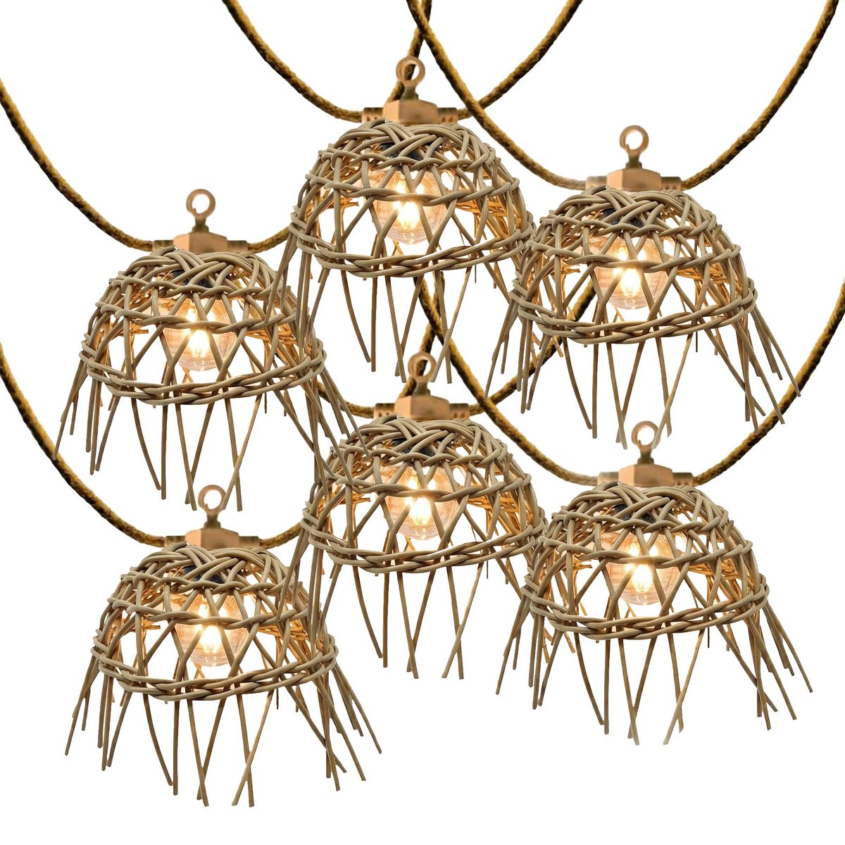 Guirlande lumineuse solaire et sur secteur raccordable en corde 20 ampoules transparentes LED blanc chaud dimmable MINI HAWAI LIGHT HYBRID 13m marron, LUMISKY
