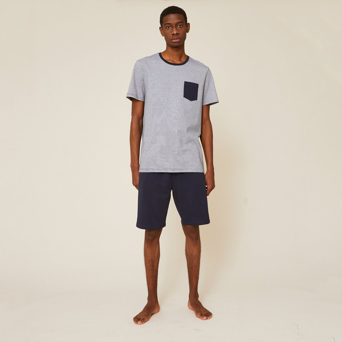 Pyjama T-shirt manches courtes rayé et Short en jersey de coton BIO GOTS marine, MONOPRIX