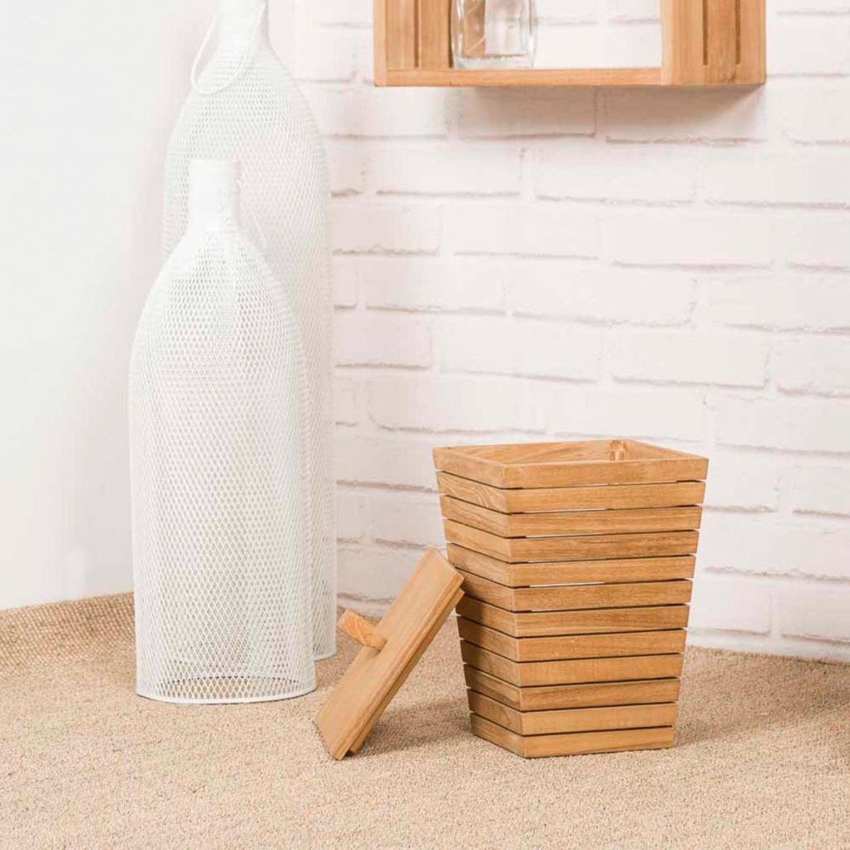 Poubelle en teck rectangle naturel, WANDA COLLECTION