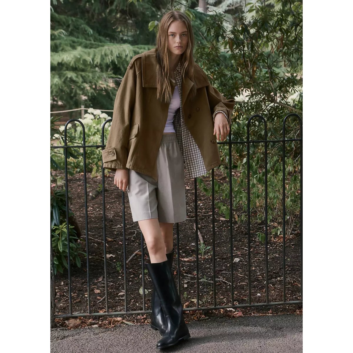 Parka denim à col cheminée kaki, MANGO