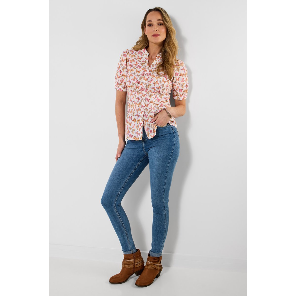 Blouse coton motifs papillons manches courtes blanc, JOE BROWNS