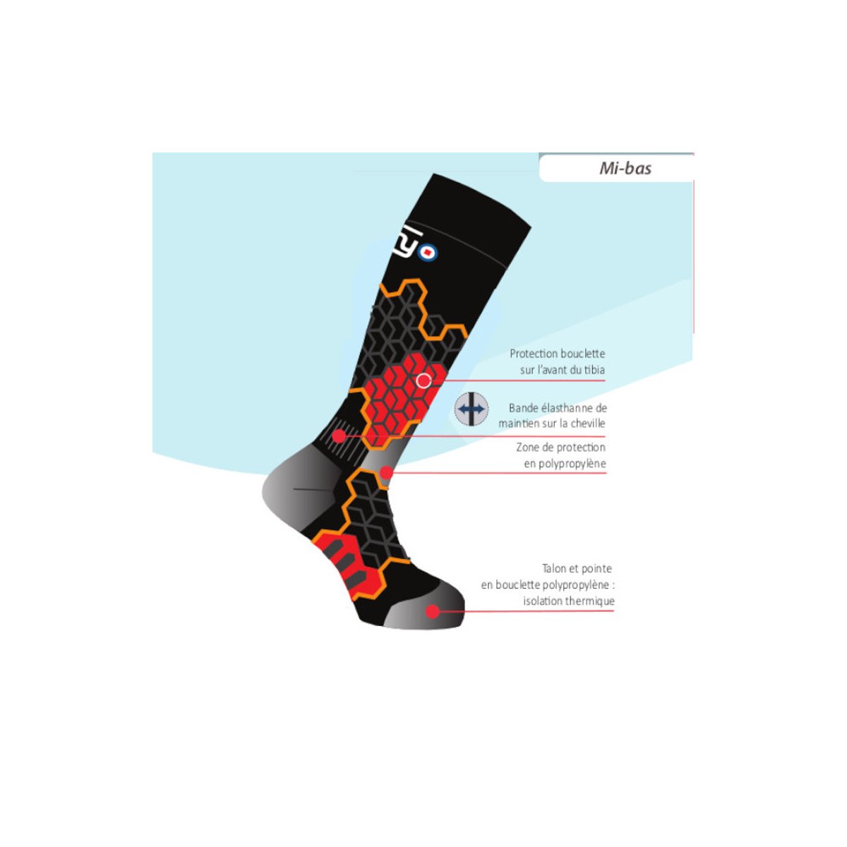 Mi-bas JUNIOR SKI TECH en laine mérinos pour enfants noir rouge, THYO