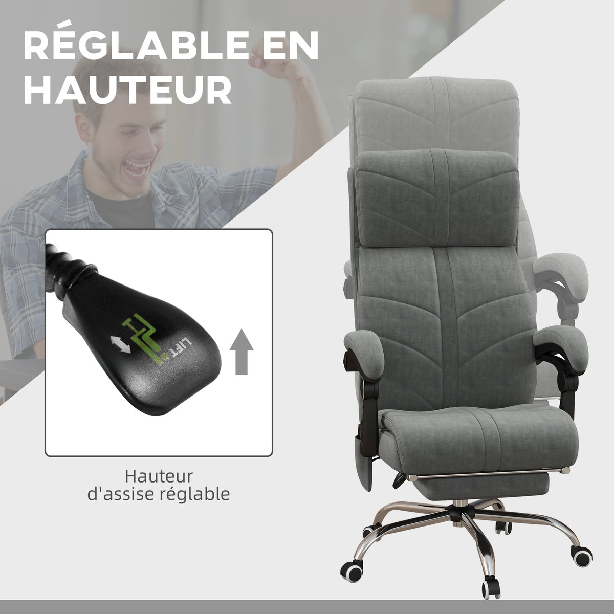 Fauteuil de bureau avec fonction massage gris, HOMCOM