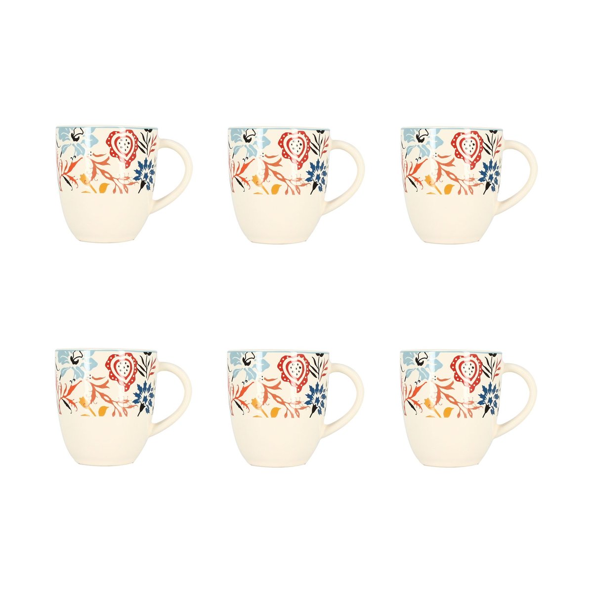 Lot de 6 mugs à motif floral en grès 35cl, JAIPUR beige-bleu-orange, NOVASTYL