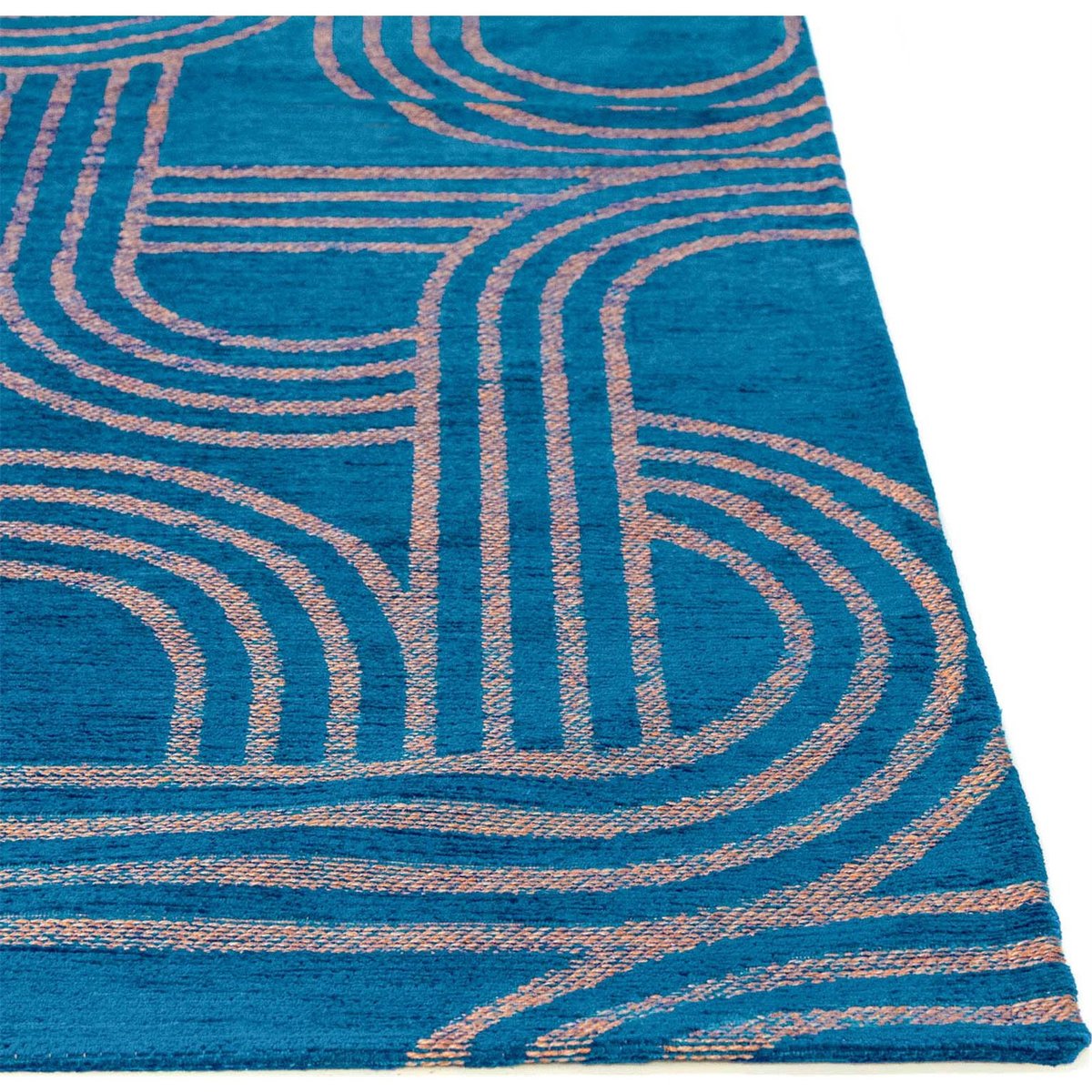 Tapis intérieur extérieur, DISCO bleu pétrole à lignes beige rosé, RECOLLECTION